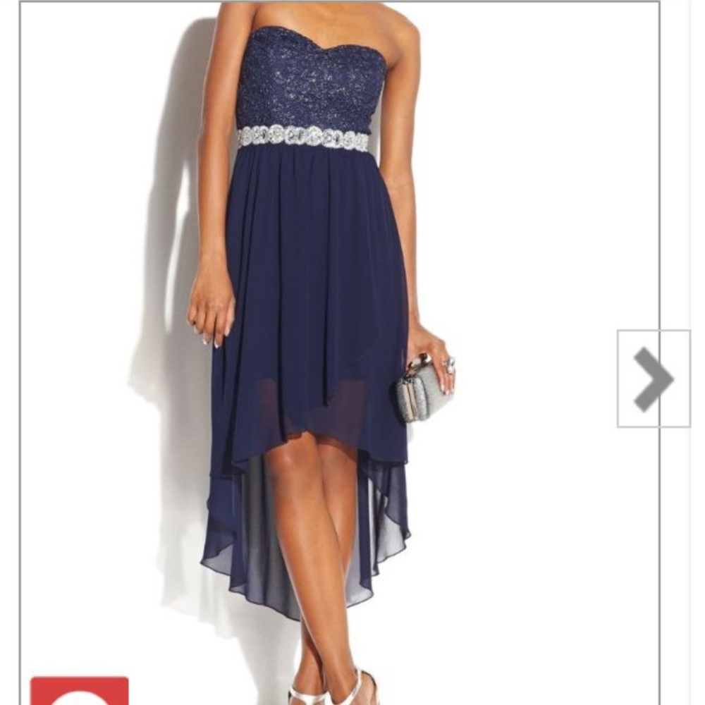 CITY‎ STUDIO Strapless Sz 9 Navy Sparkly Rhinestone Belted High Low Formal Dress